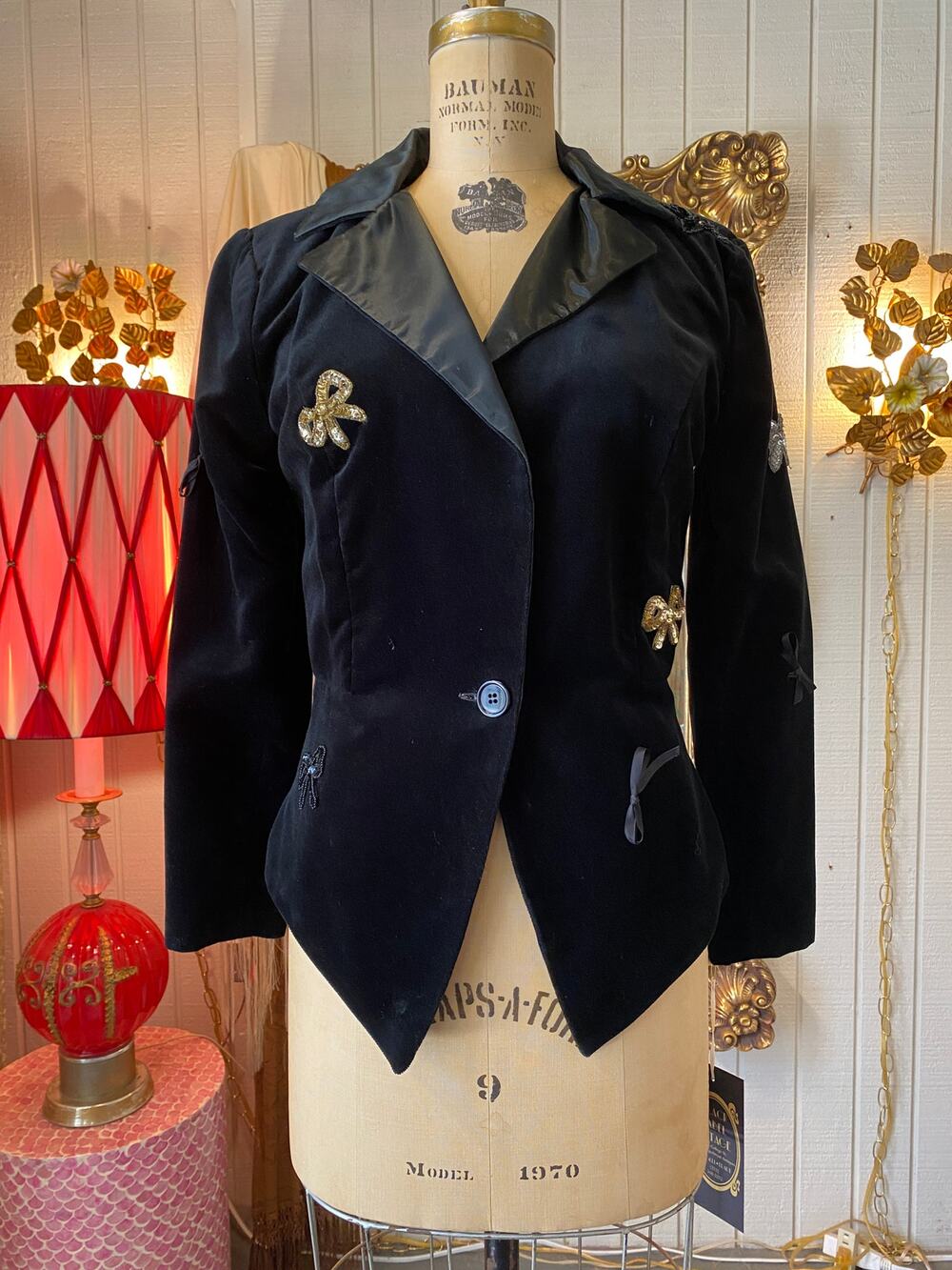 vintage 1980s black velvet jacket, 80s fitted blazer, sequin bows, holiday style